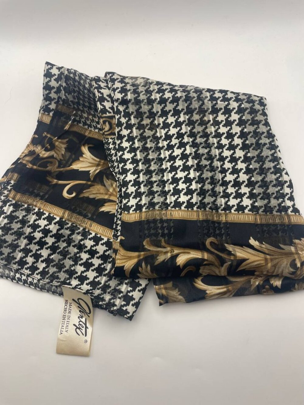 Vintage Glentex Classic Houndstooth & Baroque Gold Scroll Scarf - Quiet Luxury